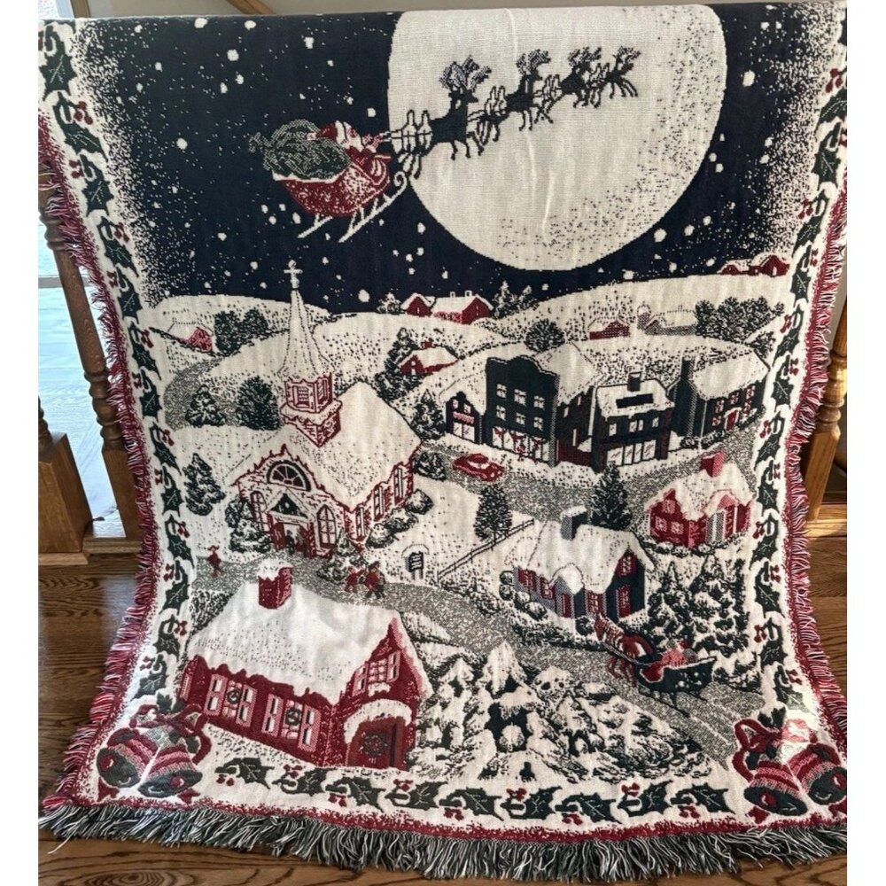 Handwoven Fringed Tapestry Throw Blanket Christmas Santa  100% Cotton 68x46”
